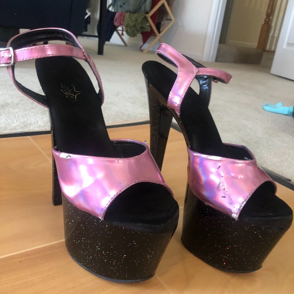 SKY-309HG Pleaser Heels Pink Holographic Upper Mini Iridescent Glitter Platform